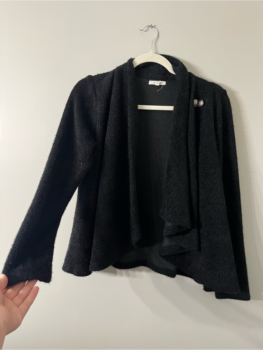 Maurices Sparkly Black Open-Front Draped Sweater Cardigan
